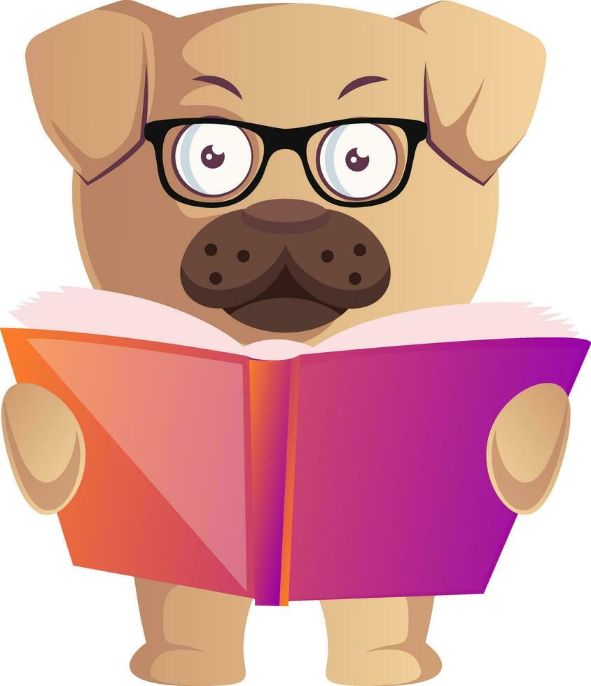 Pug with book, illustration, vector on white background.