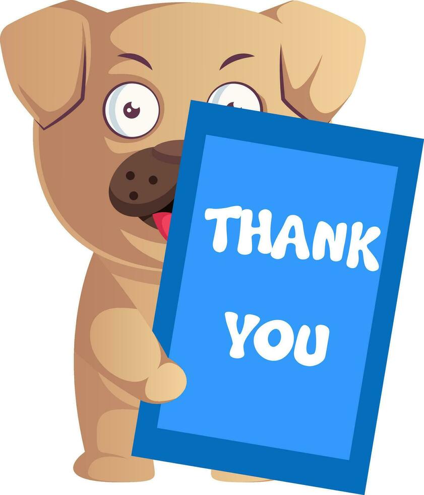 Pug with thank you note, illustration, vector on white background.