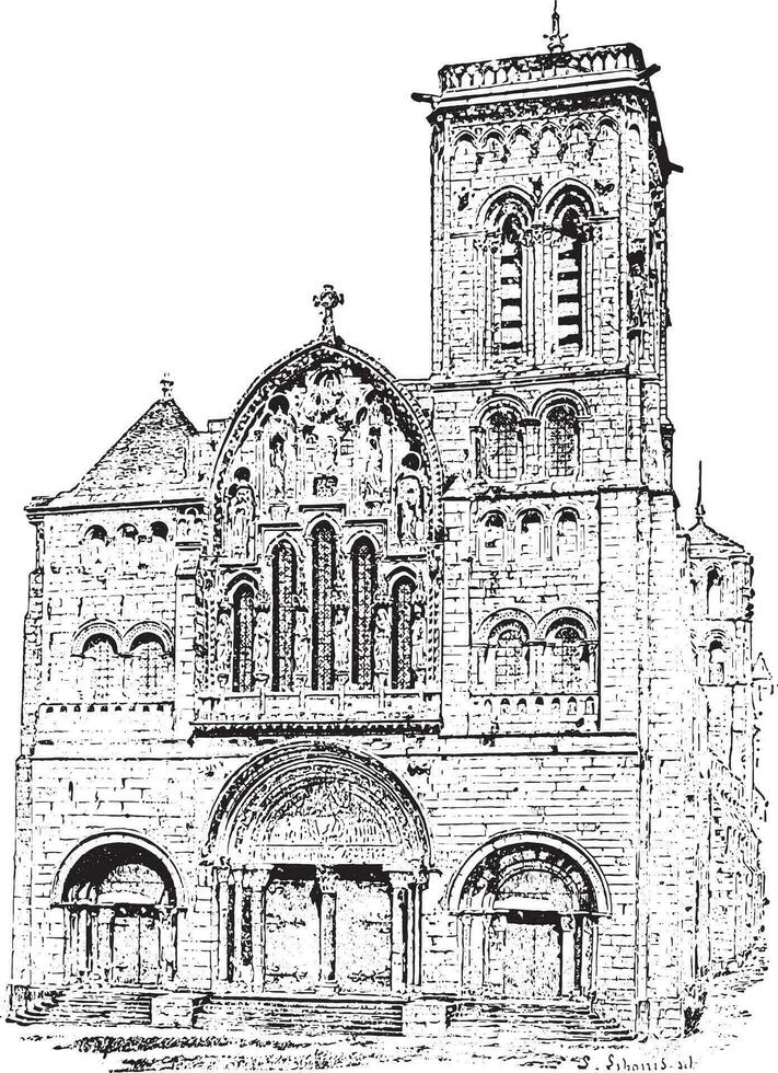 vzelay abadía o abadía de la madalina, Clásico grabado. vector
