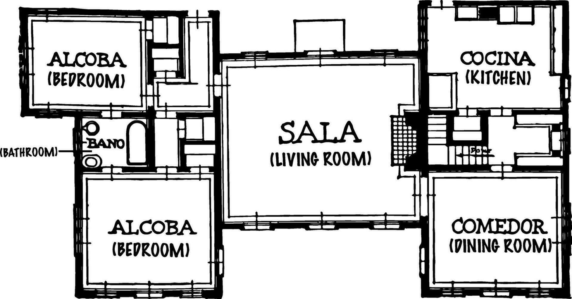 casa Plano con Español títulos, estuco paredes, Clásico grabado. vector