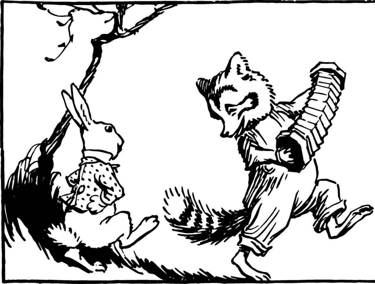 Raccoon Playing Accordion  Rabbit Dancing vintage illustration vector