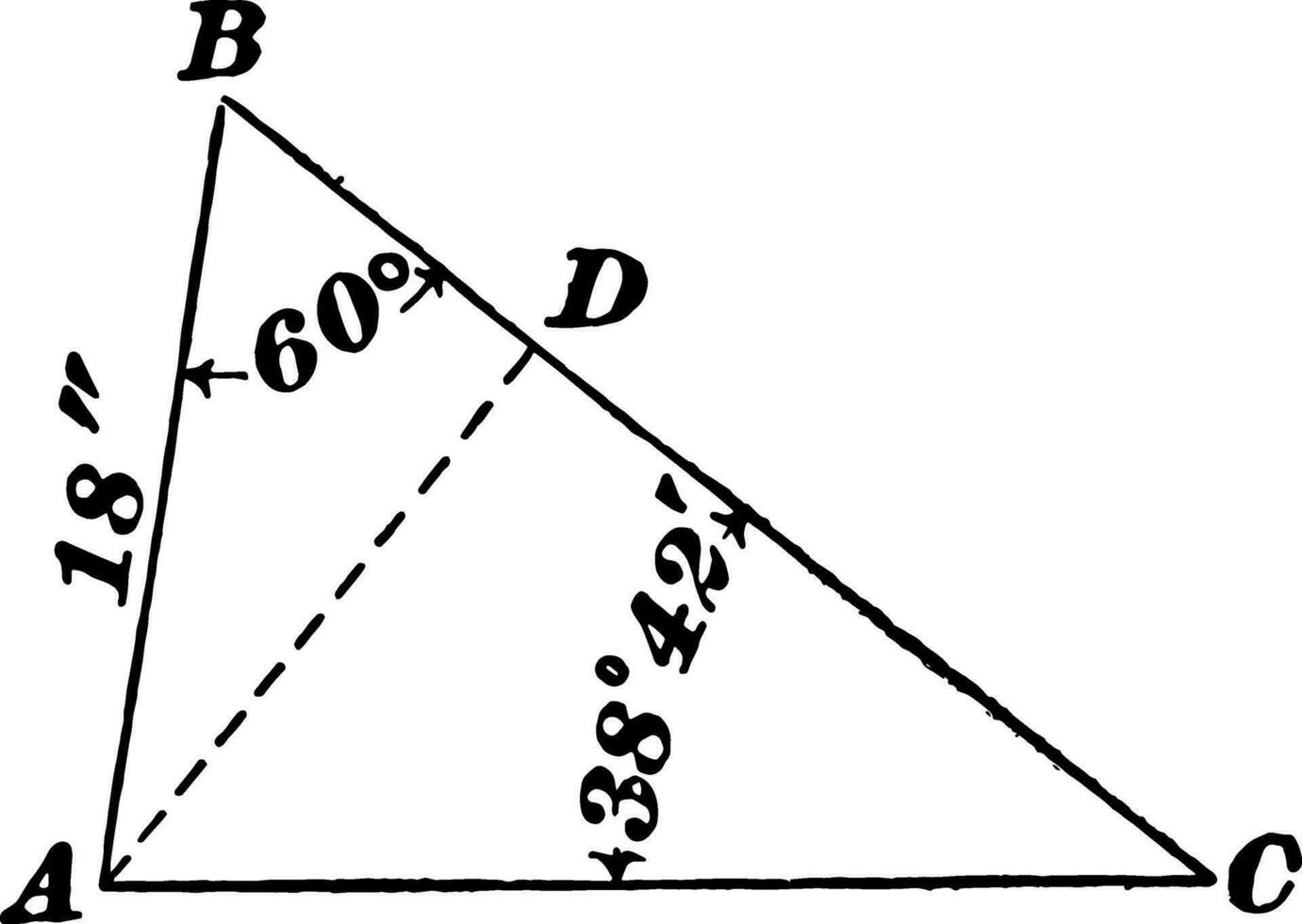 Oblique Triangle With Side 18 and Angles 60  and 38  42'
 vintage illustration. vector