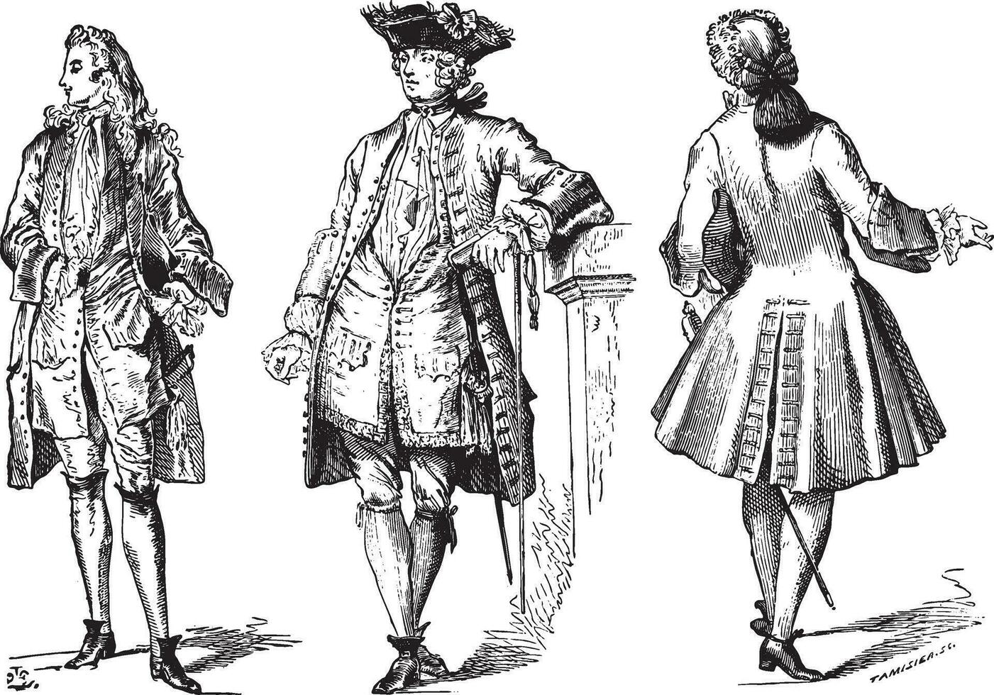 Stylish Regency court dress coat and city 1729, vintage engraving. vector