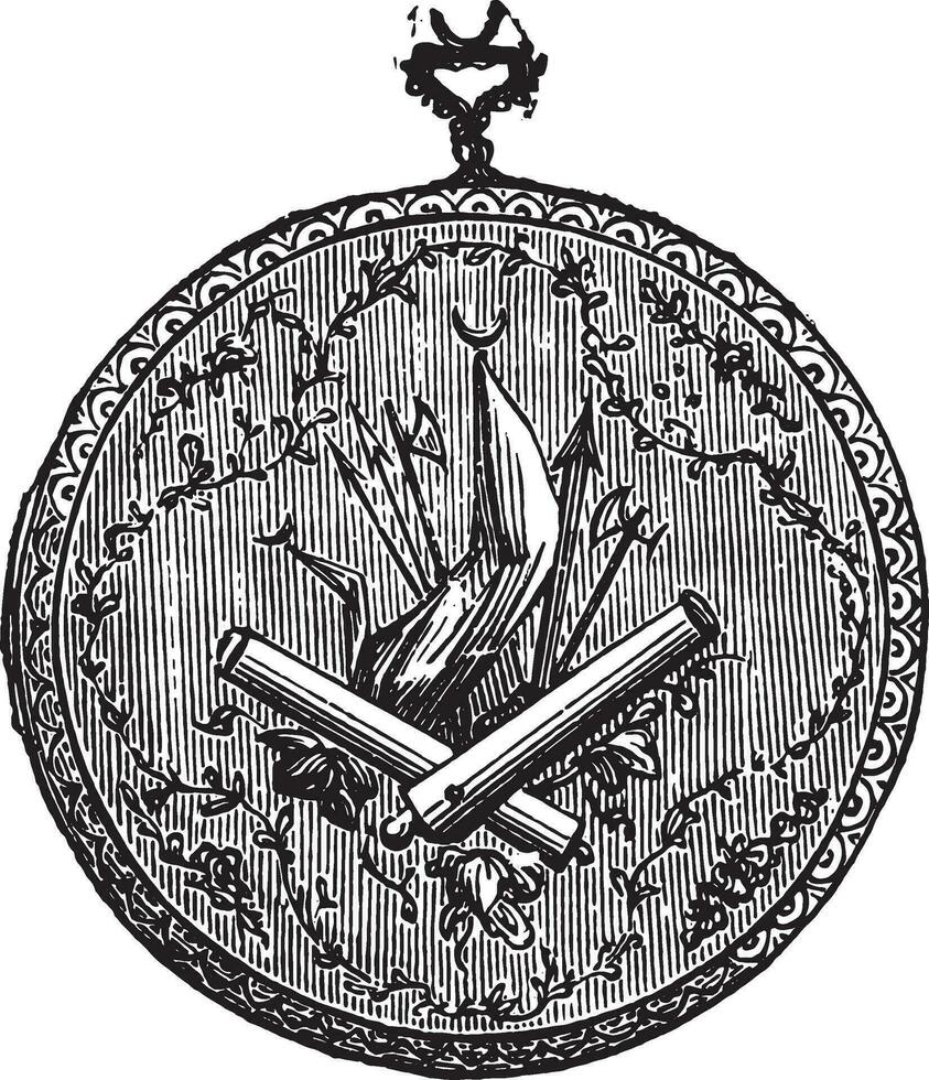 Watch with trophies of the eighteenth century to grave silver round box it comes from the capture of Algiers and is at the Louvre, vintage engraving. vector