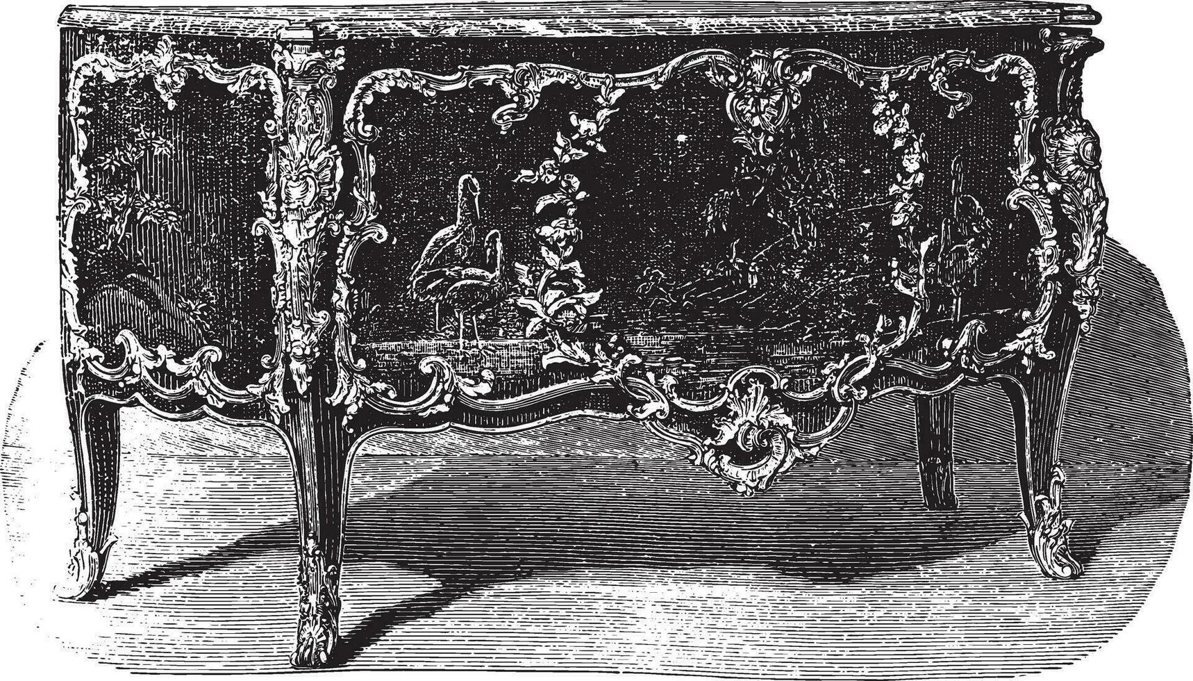 Lacquered chest of drawers with bronze ornaments attribute to Caffieri eighteenth century, vintage engraving. vector