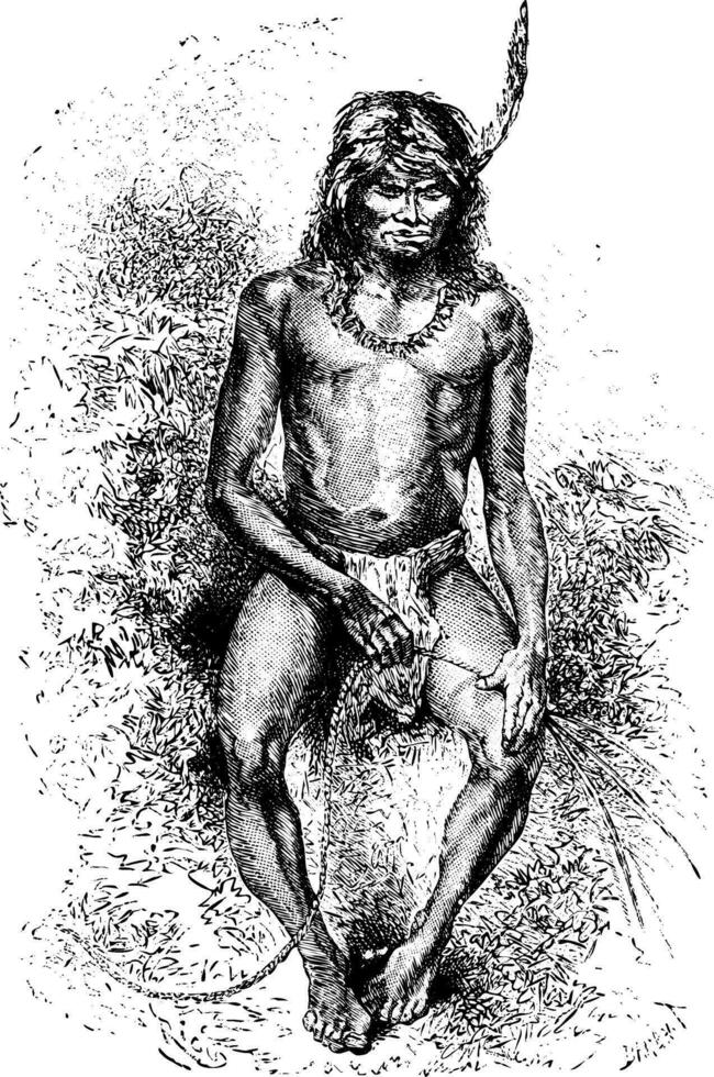 Native Man Making a Rope in Oiapoque, Brazil, vintage engraving vector