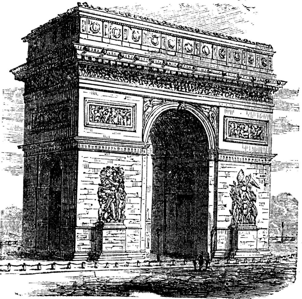 Triumphal Arch or Arc de Triomphe, Paris, France. Vintage engraving. vector