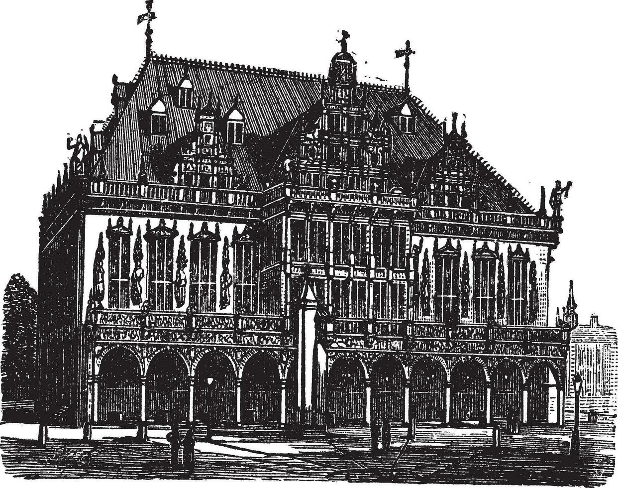 Council house or council estate, Bremen, Germany, vintage engraving. vector