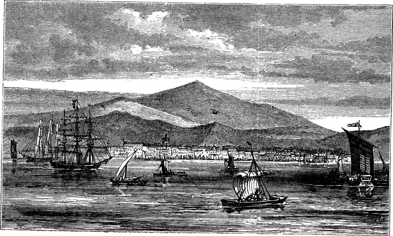 Jakarta Batavia in Indonesia, during the 1890s, vintage engraving. vector