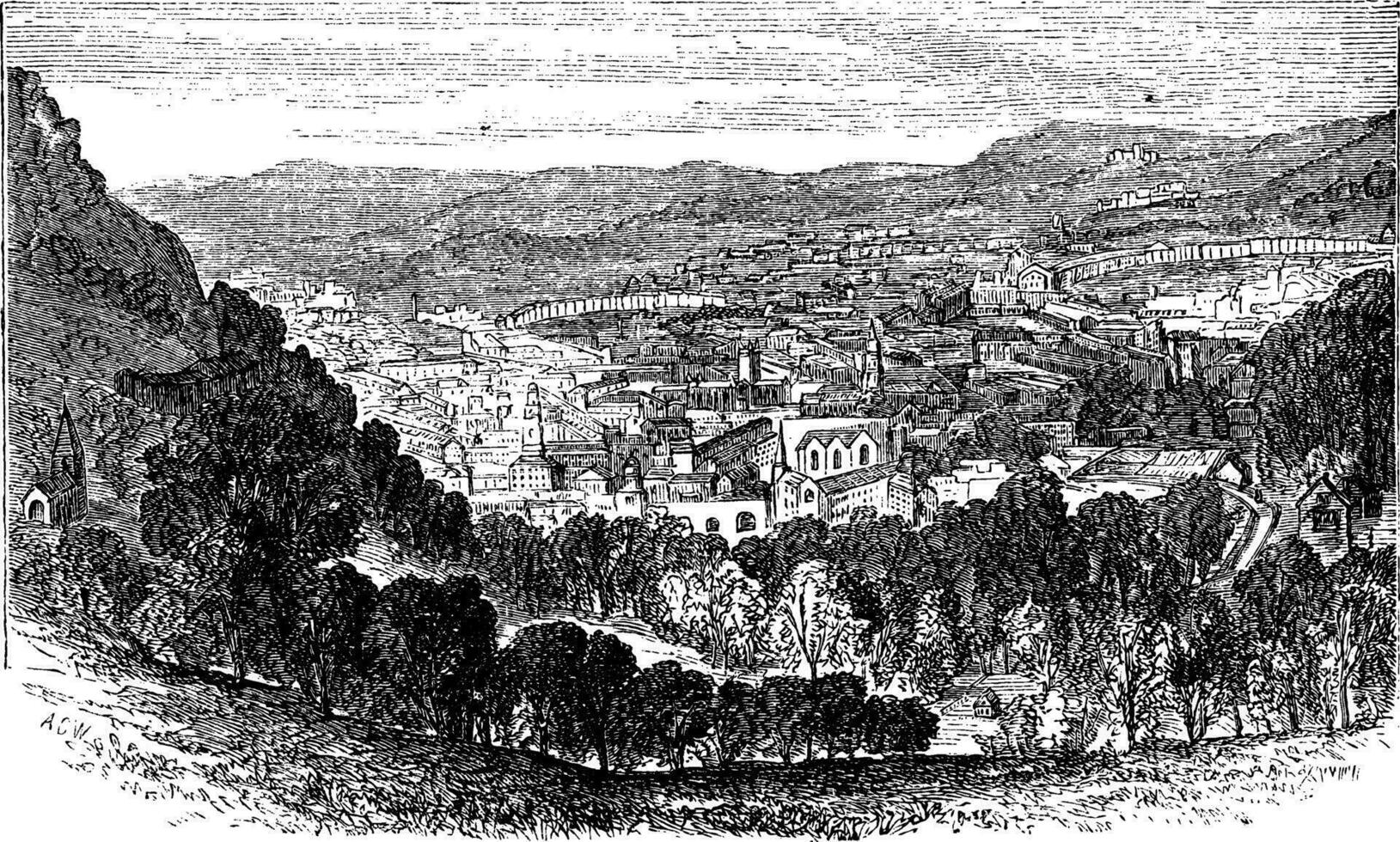 The City of Bath, Somerset, England, vintage engraving. vector