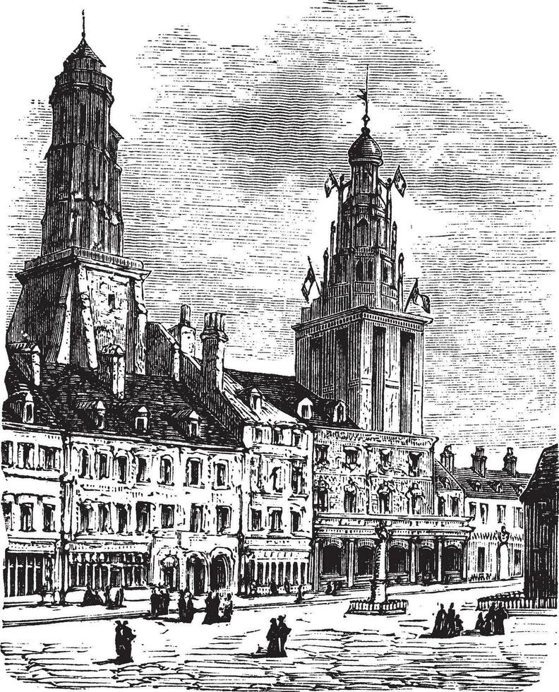 Calais city in France. City square, city hall and lighthouse vintage engraving. vector