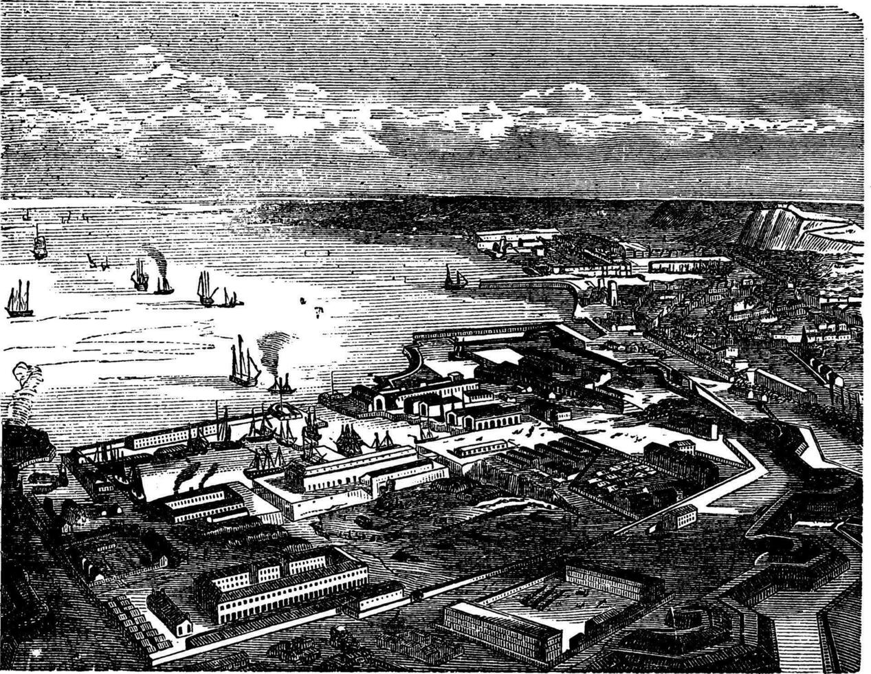 Cherbourg-Octeville, in Normandy, France, during the 1890s, vintage engraving vector