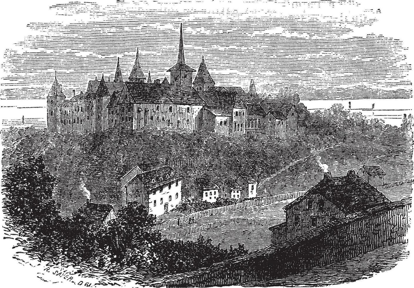 Chateau du Val-Boury in Neufchatel-en-Bray, France, vintage engraved illustration vector