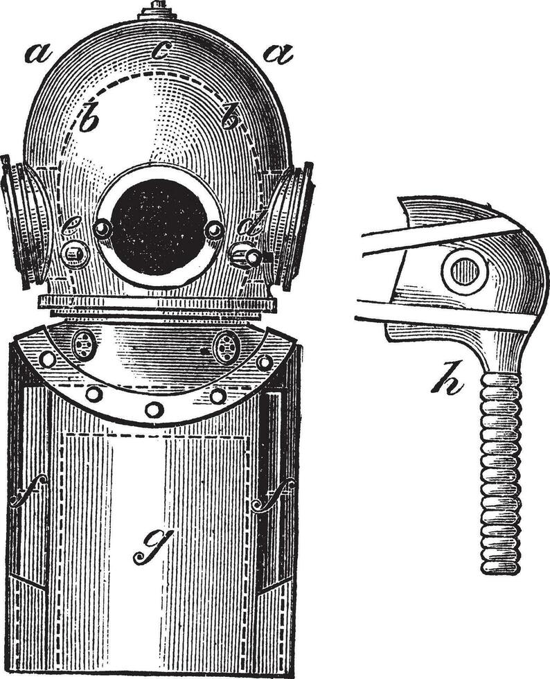 Surface-supplied Diving Equipment, vintage engraving vector