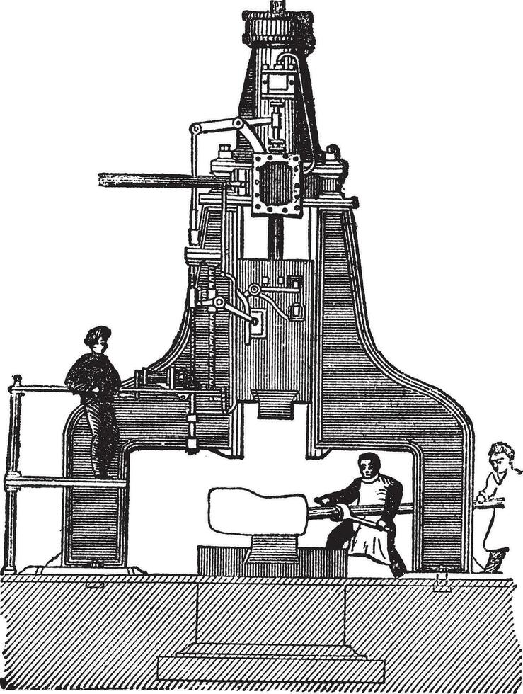 Steam hammer, vintage engraving. vector