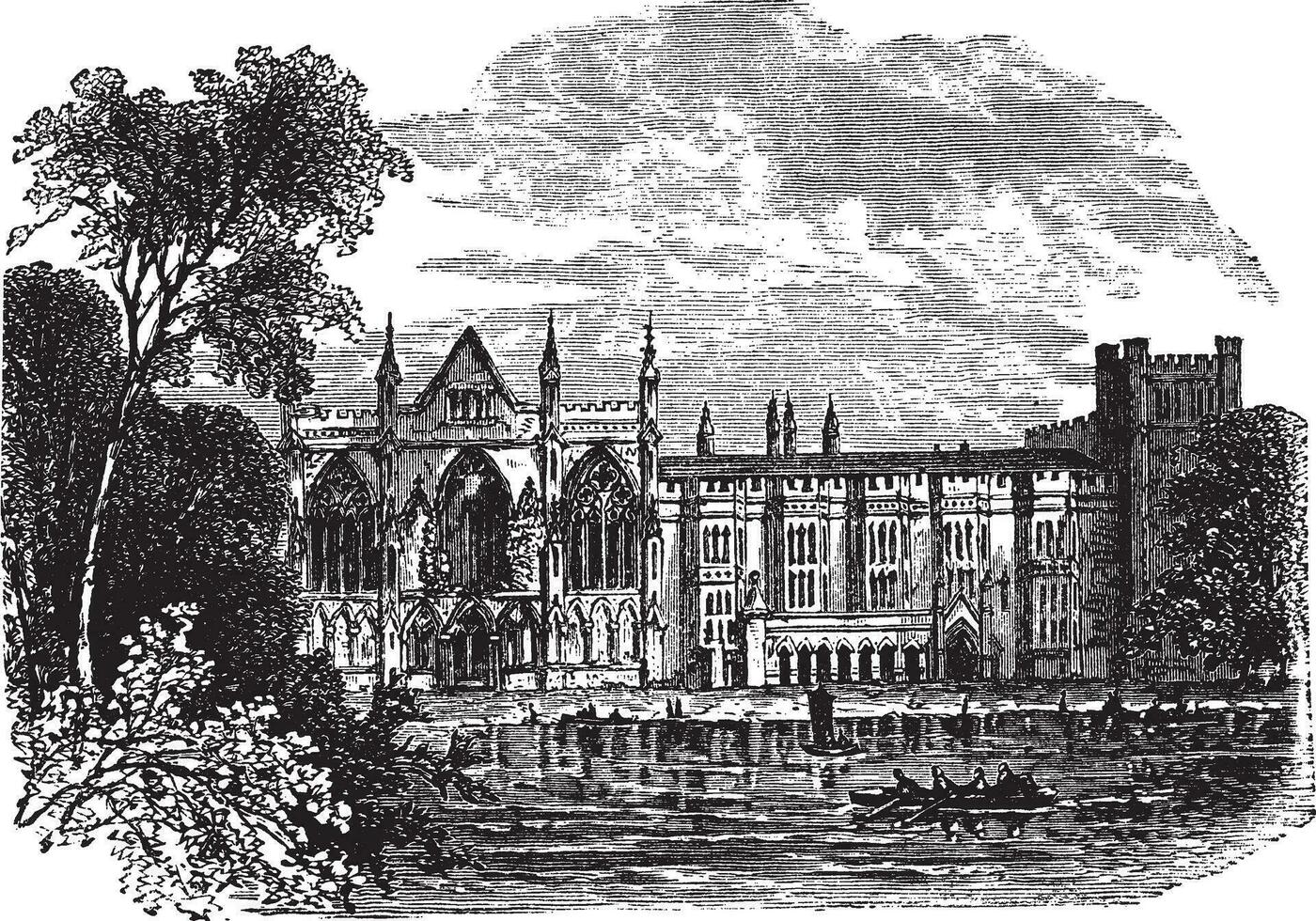 Newstead Abbey in Nottinghamshire, England, UK, vintage engraved illustration vector