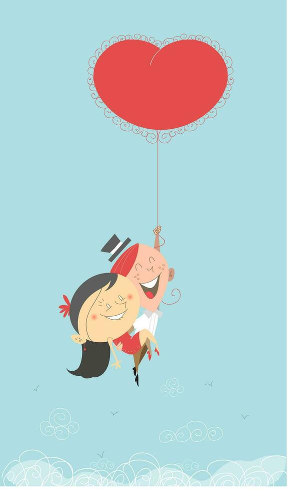 Valentine couple with flying heart ballong vector