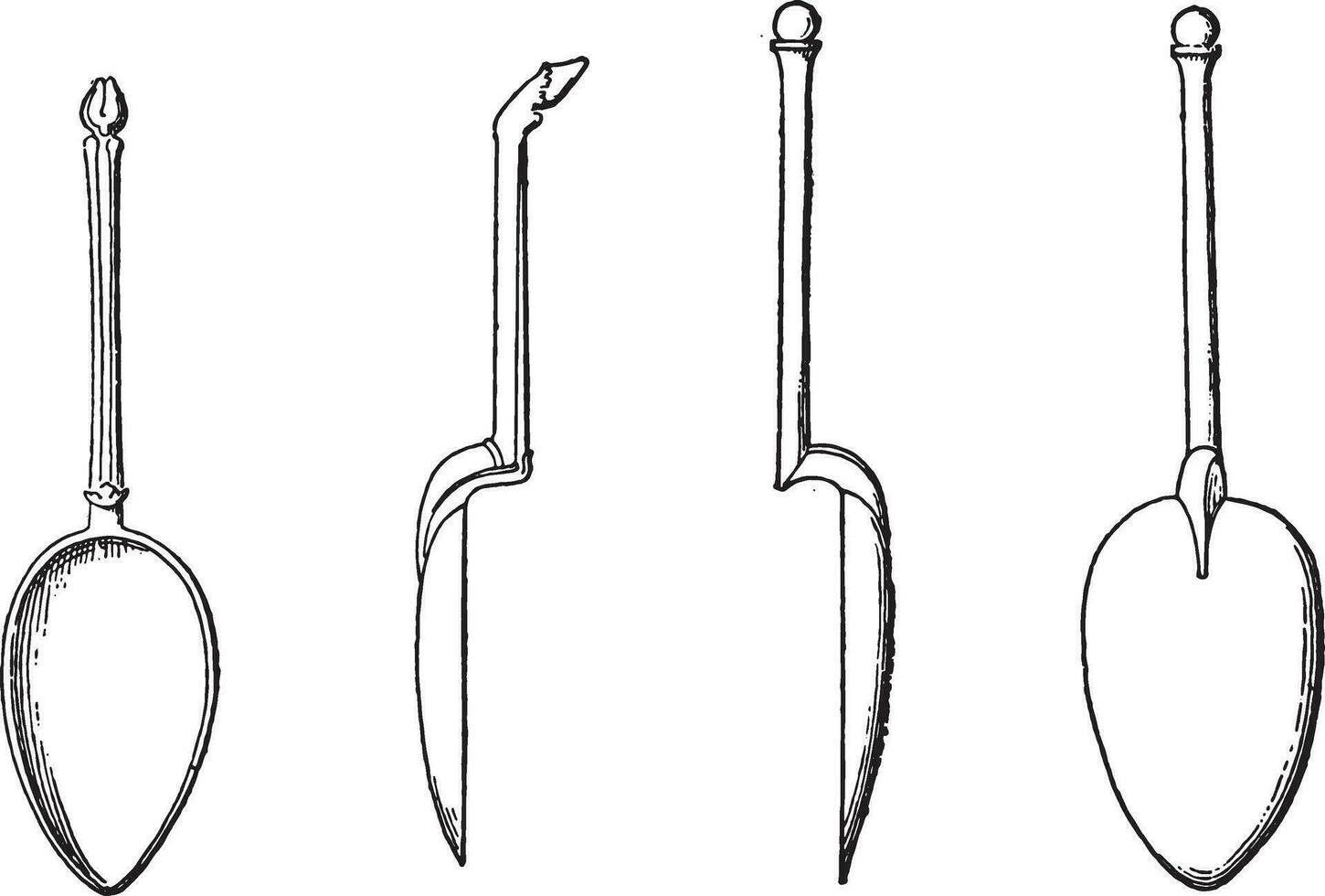 Spoons found in Pompeii, vintage engraving. vector