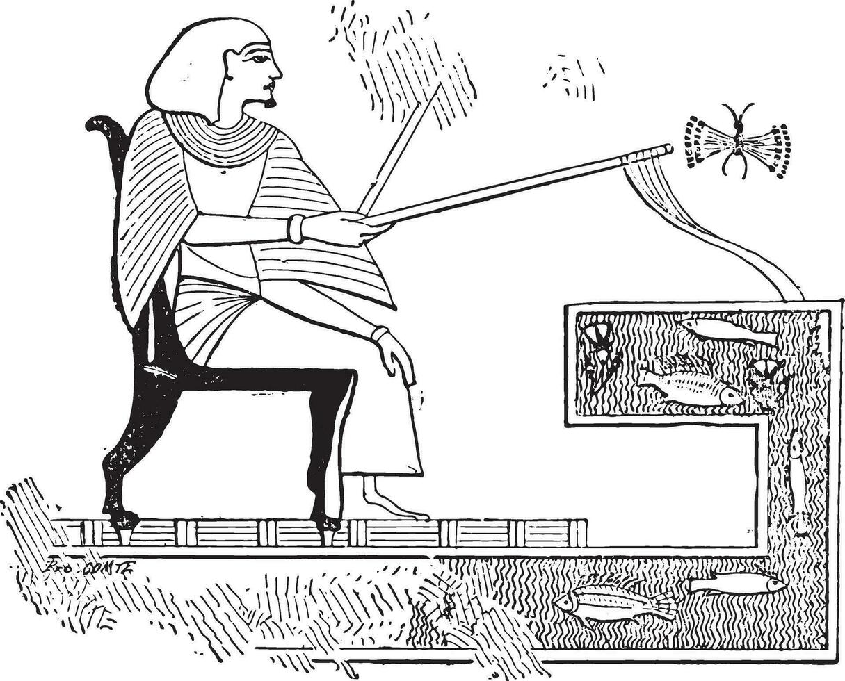 egipcio pescar por línea en su jardín, Clásico grabado. vector