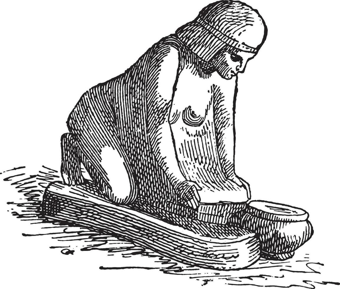 Woman kneading bread, vintage engraving. vector