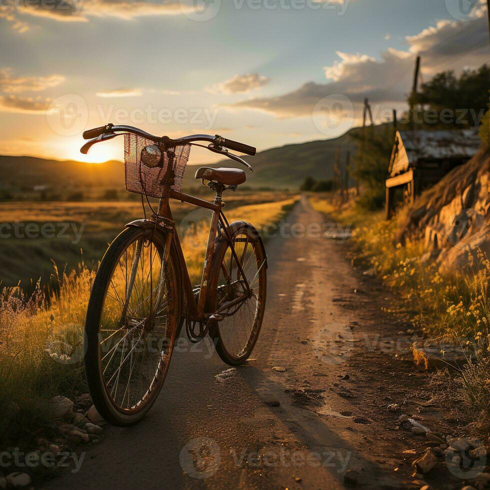 AI generated Side view Beautiful landscape image with standing Bicycle at sunset Generative AI photo