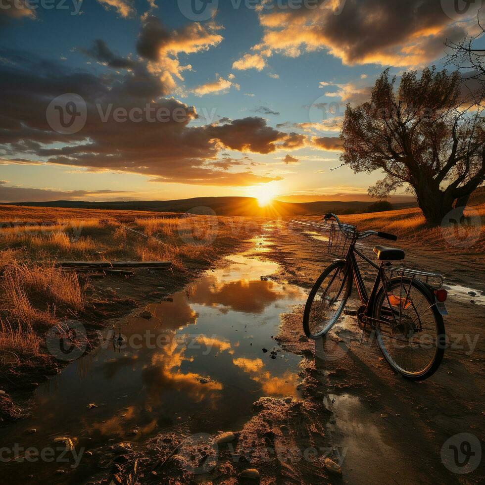 AI generated Side view Beautiful landscape image with standing Bicycle at sunset Generative AI photo