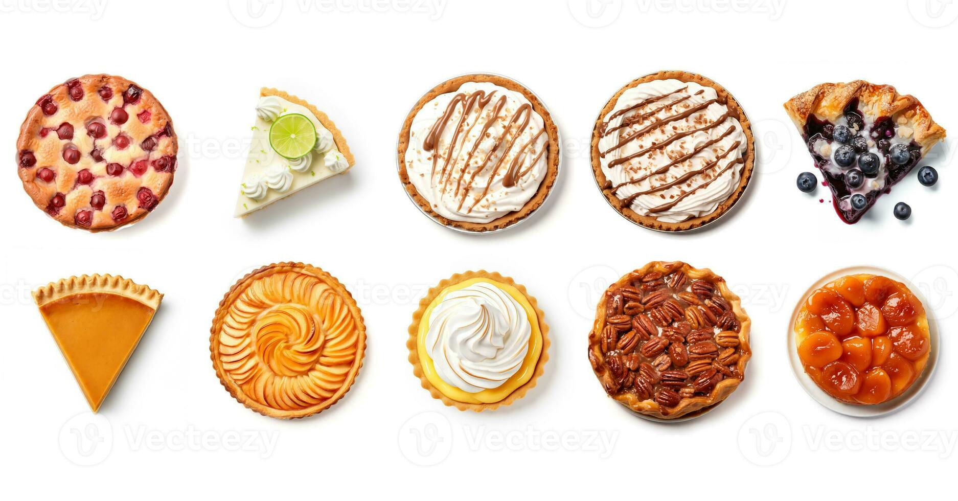 ai generado colección de dulce empanadas, aislado , calabaza tarta, banoffee tarta, peacan tarta, llave Lima tarta rebanada, manzana tarta, arándano galette cuña, tarta tatin rebanada, parte superior ver foto