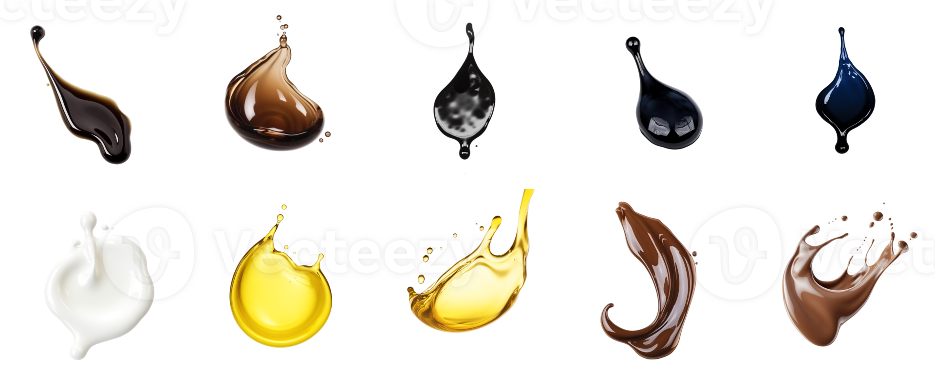 AI generated Set of different liquid splashes like oil, coffee, ink, chocolate, cream png