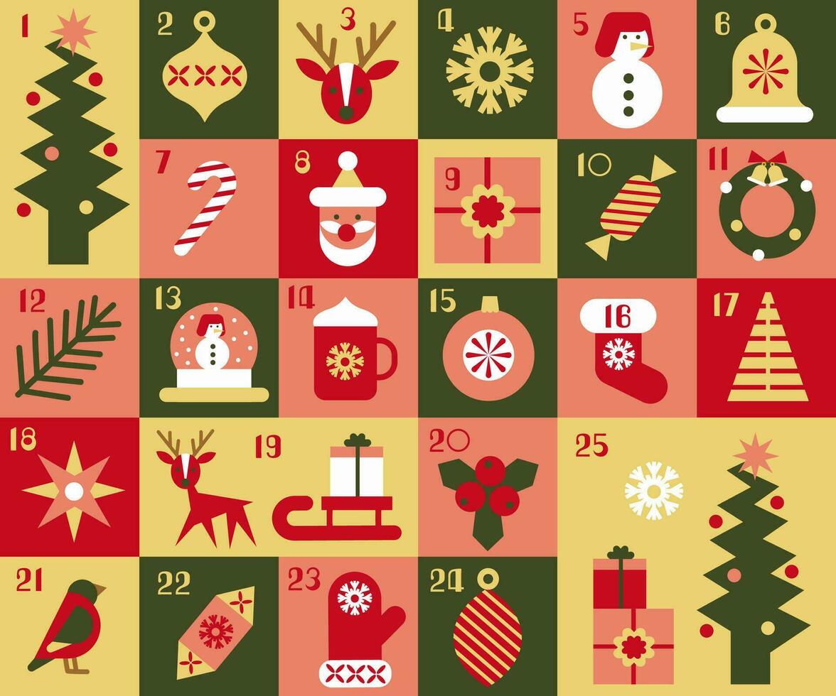 Christmas Advent calendar with geometric elements and decoration. Christmas poster. Flat vector illustration.
