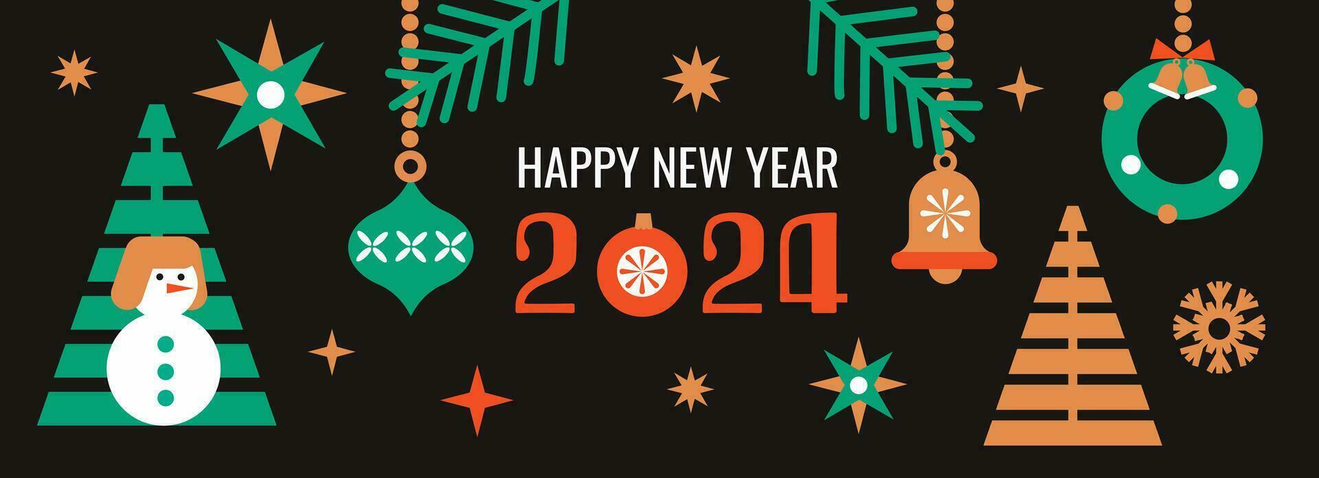 Happy New Year 2024 horizontal banner. Trendy modern geometric design with Christmas balls and decoration. vector