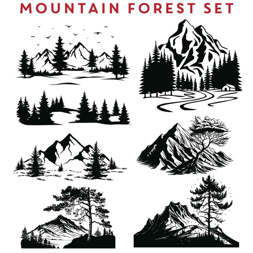 montaña bosque silueta conjunto ilustración diseño vector