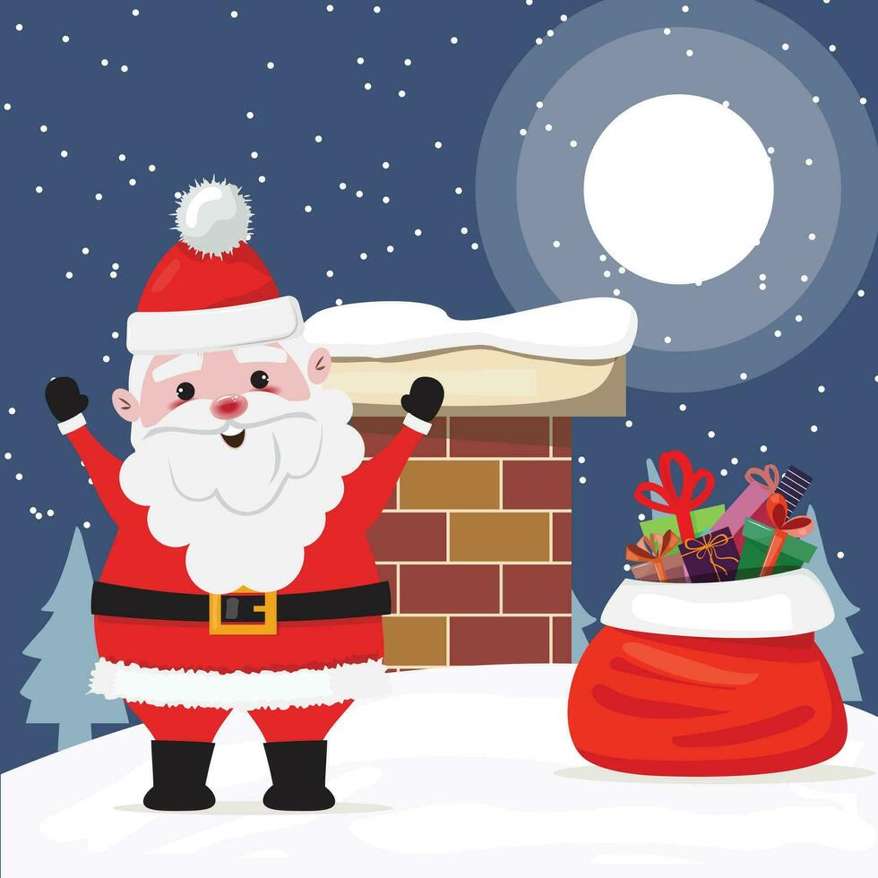 Santa Claus and red sack on the roof vector