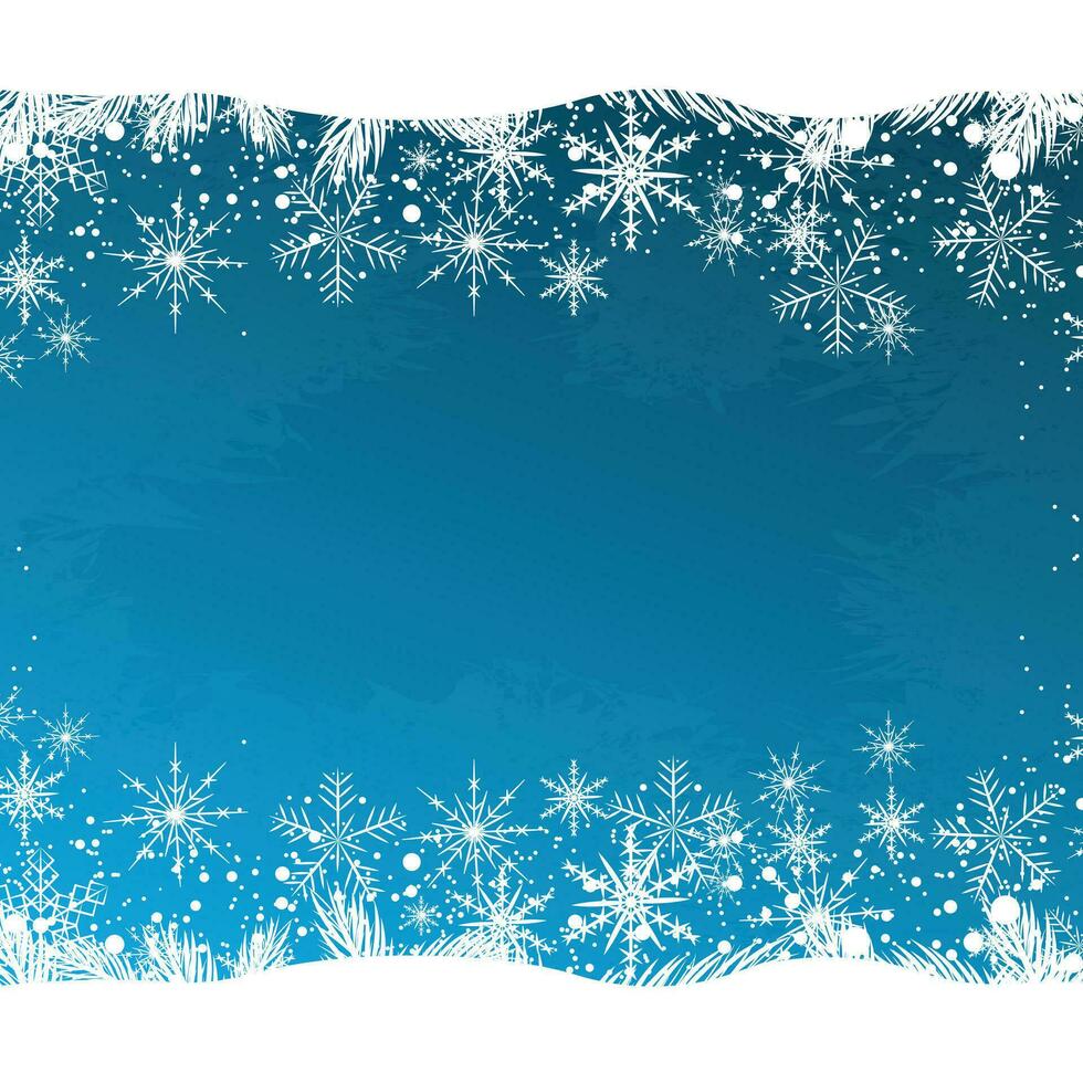 Blue frost square banner with white pine branches, snowflakes and ice vector