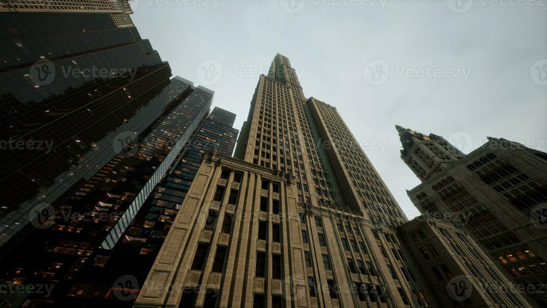 Looking directly up at the skyline of the financial district photo