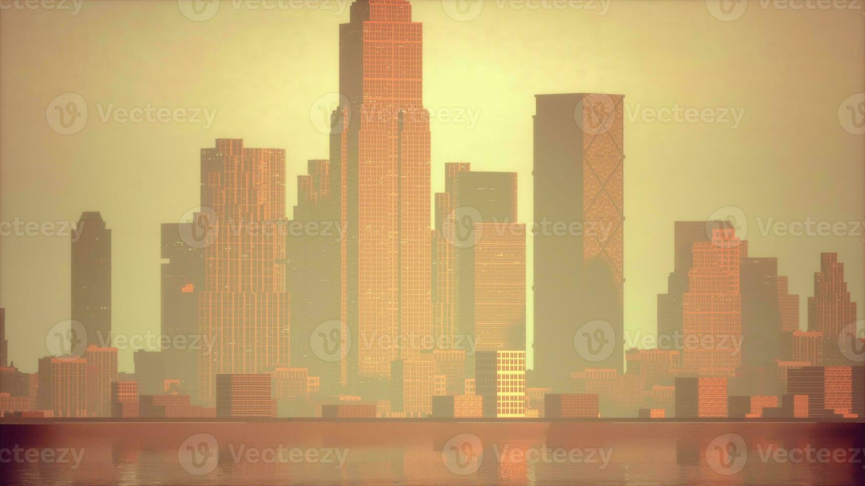 downtown cityscape at sunset in fog photo