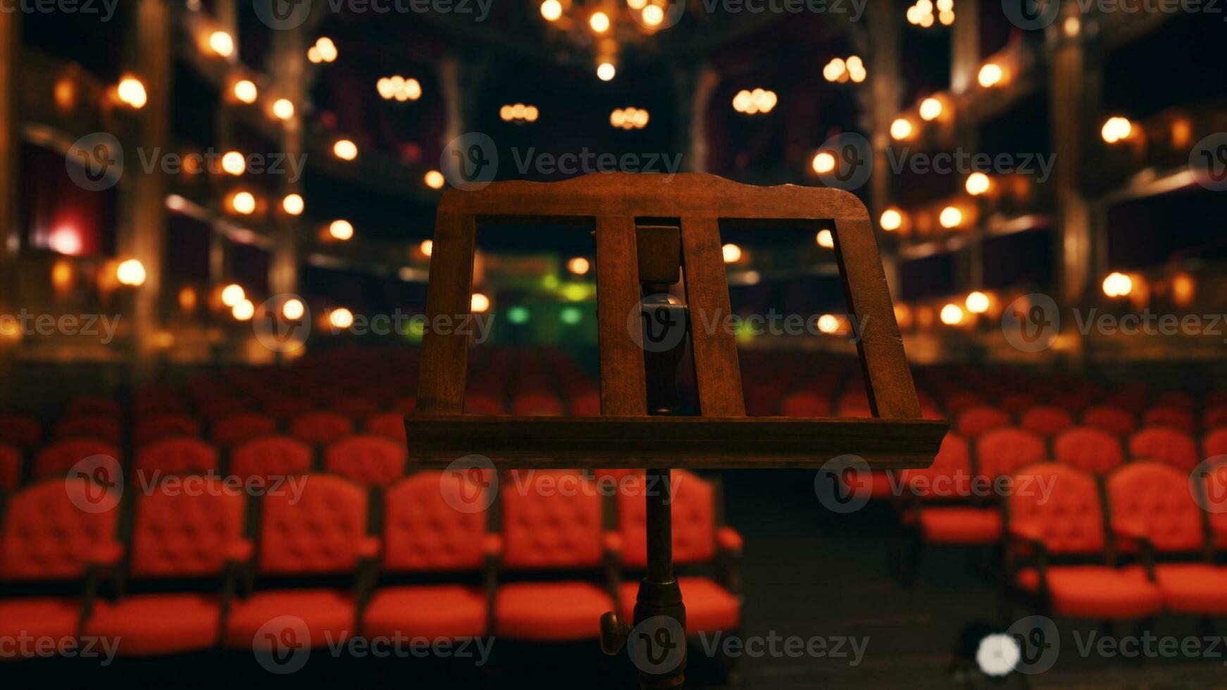 An empty auditorium with red seats and lights photo