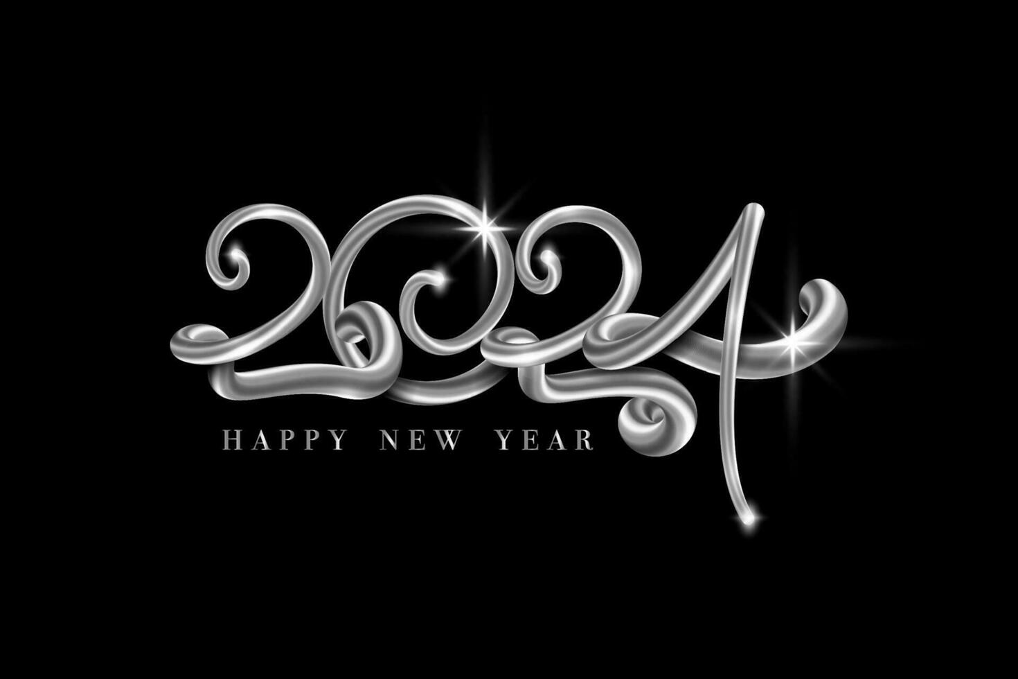 Happy new year 2024 banner. Silver luxury text 2023 Happy Holiday White Gold Festive Numbers Design, vector illustration isolated on a black background