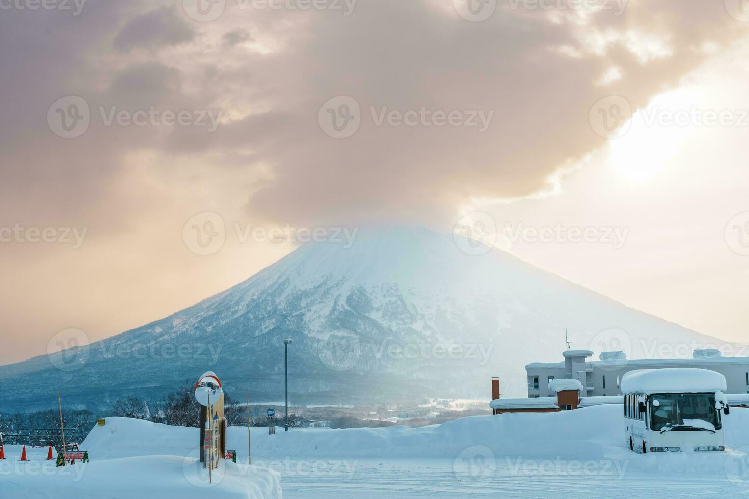 Beautiful Yotei Mountain with Snow in winter season at Niseko. landmark and popular for Ski and Snowboarding tourists attractions in Hokkaido, Japan. Travel and Vacation concept photo