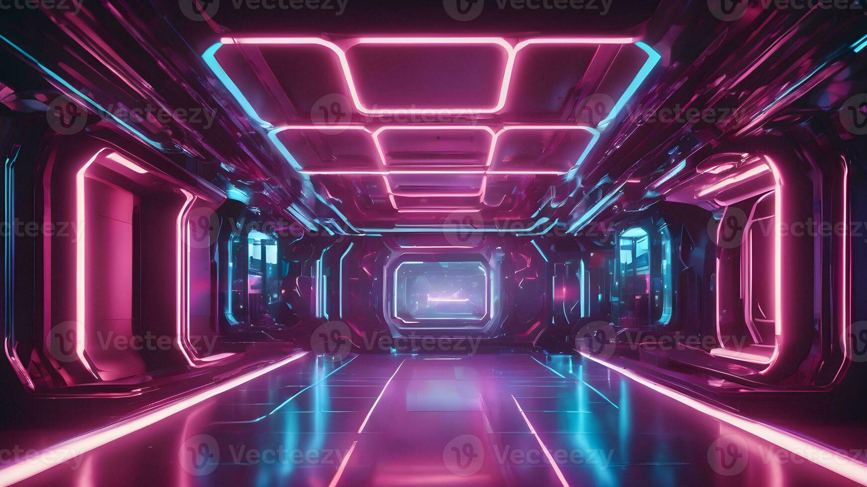 AI generated Create a futuristic abstract background featuring holographic elements and neon lights. Experiment with gradients and reflections to achieve a high-tech and sci-fi aesthetic photo