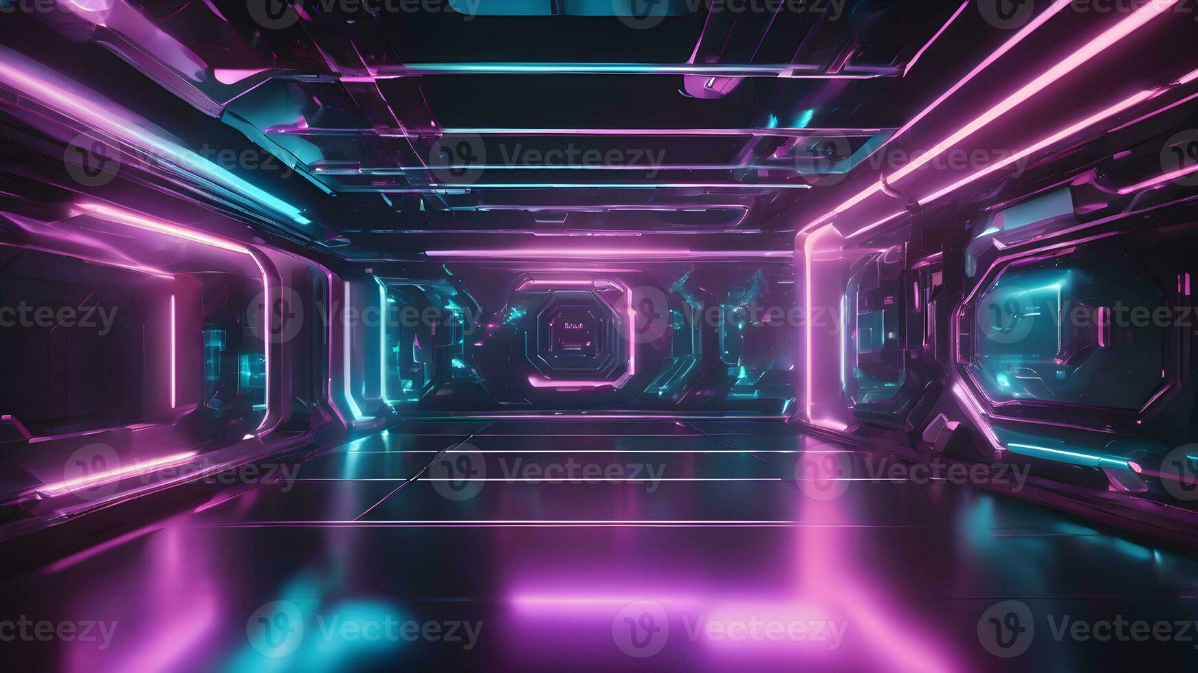 AI generated Create a futuristic abstract background featuring holographic elements and neon lights. Experiment with gradients and reflections to achieve a high-tech and sci-fi aesthetic photo