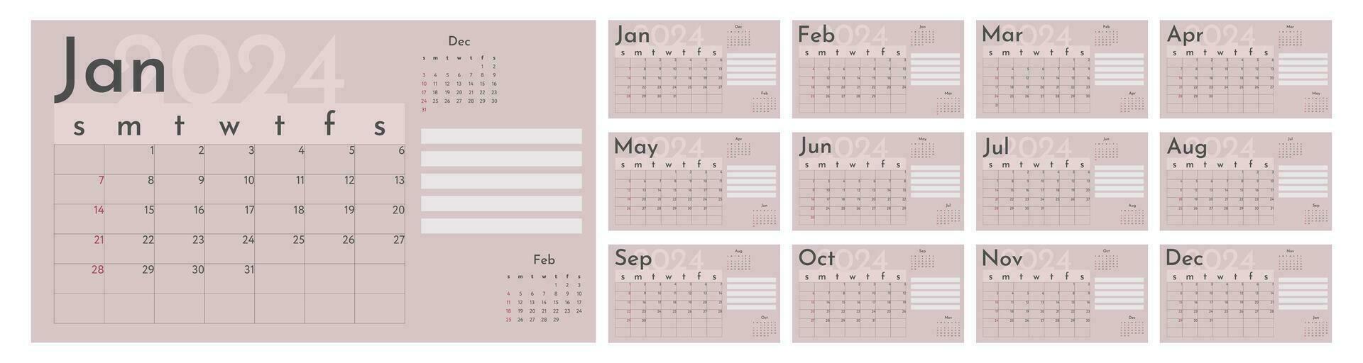 Monthly calendar 2024 template. Starts on Sunday vector