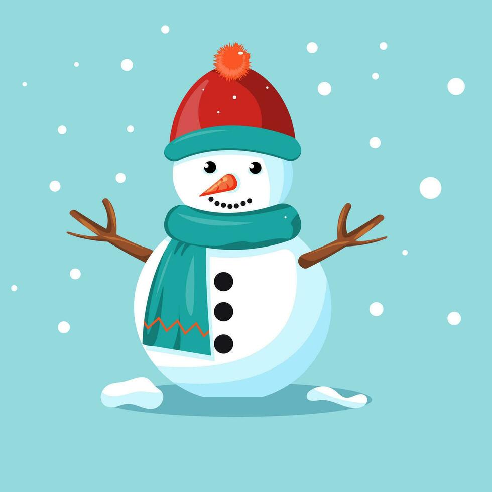 Snowman in the snow in red hat and scarf vector