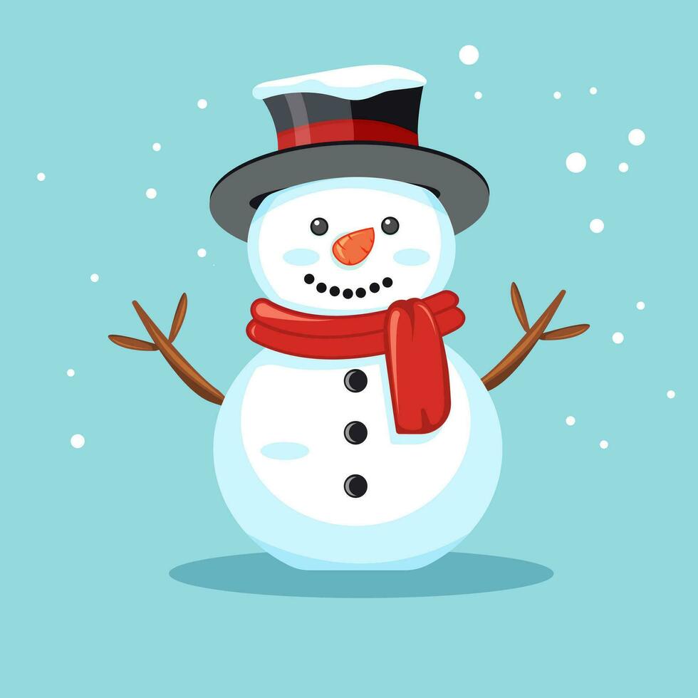 Cute cartoon snowman in the snow in hat and scarf vector