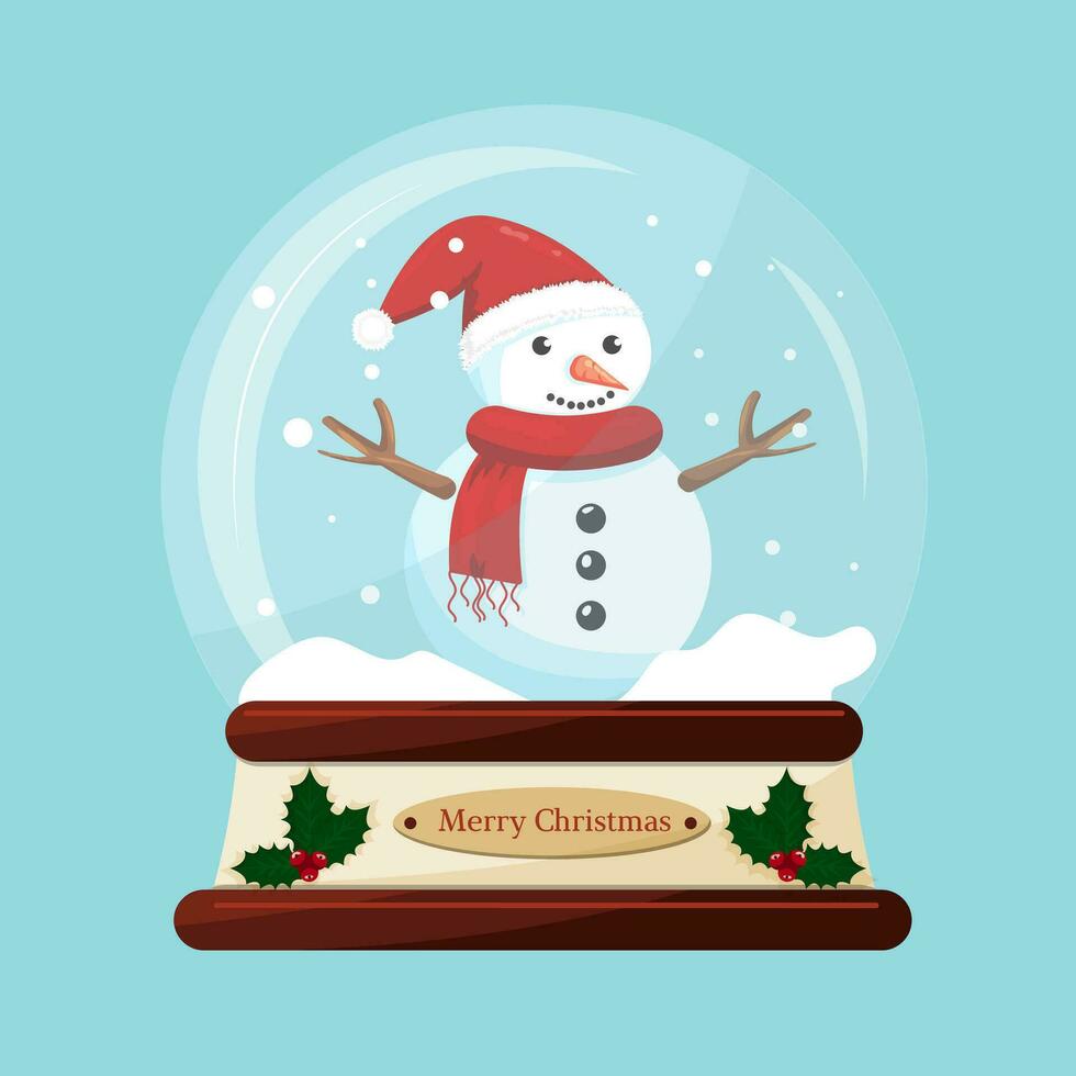 Snowman with Santa Claus hat in glass snow ball, cartoon vector illustration