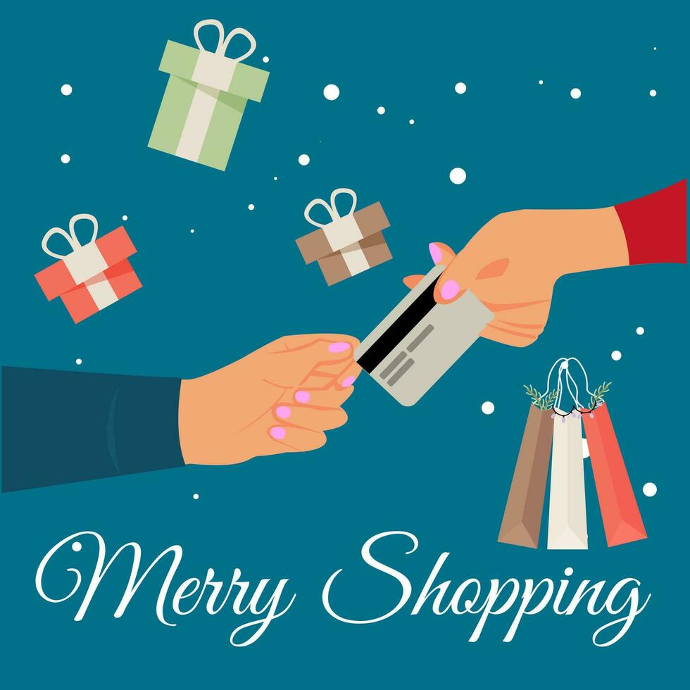 Merry Christmas Shopping, Closeup Customer Paying with Credit Card Vector Illustration