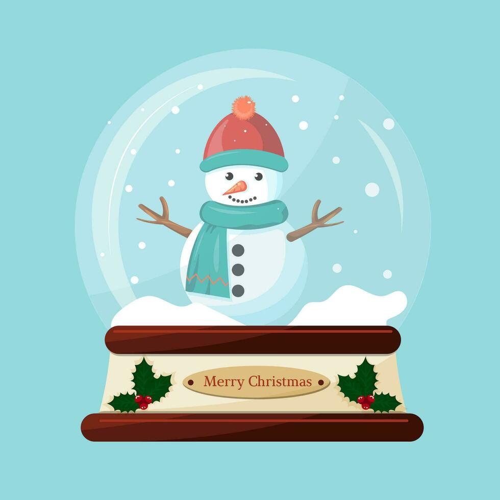 Cute cartoon character snowman in a christmas snow ball, vector illustration, merry christmas card