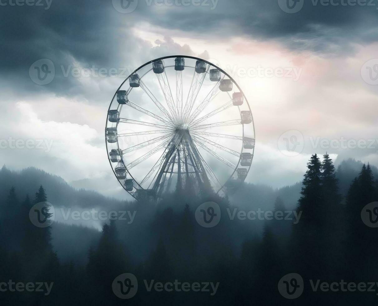 AI generated Ferris wheel in the middle of the forest and hills, cloudy foggy weather and mystical atmosphere, gray tones, AI generation Kandinsky. Poster for themed parties or horror movies photo