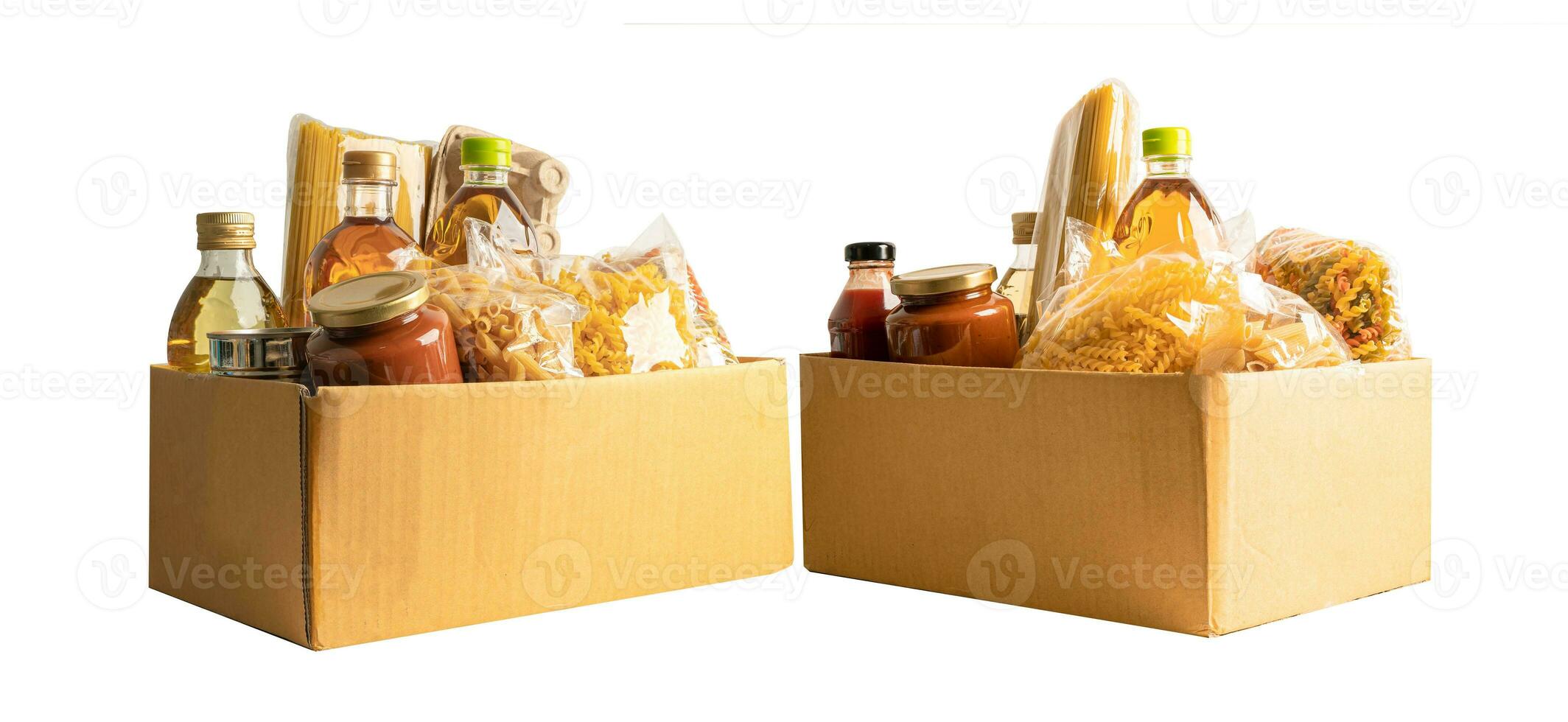 Foodstuff for donation, storage and delivery. Various food, pasta, cooking oil and canned food in cardboard box. photo