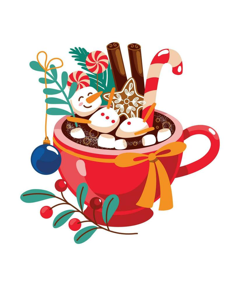 Navidad cacao con Malvaviscos en el forma de un muñeco de nieve. linda Navidad impresión. vector. vector