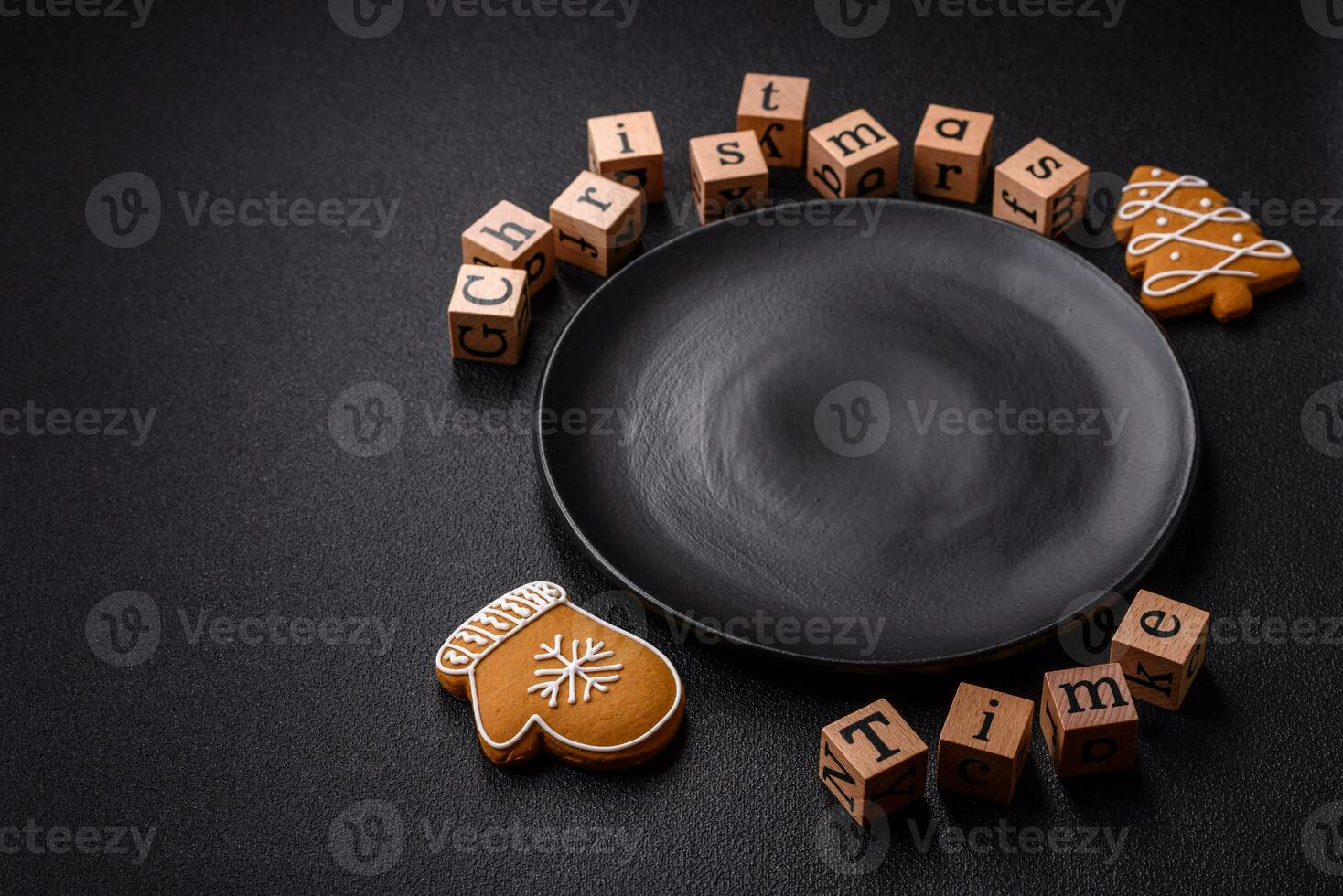 Beautiful Christmas composition with copy space with an inscription in wooden cubes photo